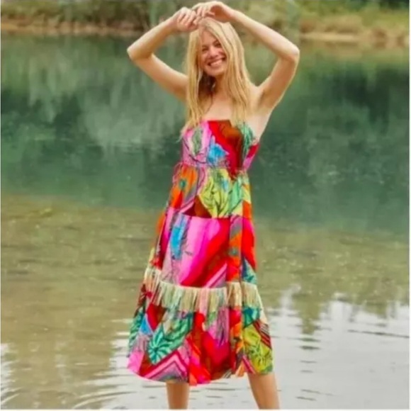 Farm Rio Anthropologie Dress Palila Tropical Printed Fringe Casual Midi Sz S NEW - Picture 2 of 16